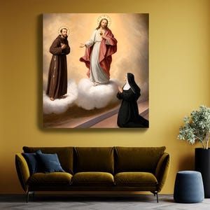 May include: A square wall art print depicting a religious scene with Jesus in a white and red robe standing on clouds, a monk in a brown habit on the left, and a nun in a black habit kneeling on the right, all set against a soft, glowing background.