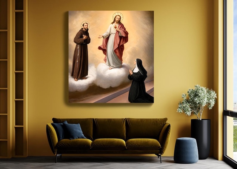 May include: A square wall art print depicting a religious scene with Jesus in a white and red robe standing on clouds, a monk in a brown habit on the left, and a nun in a black habit kneeling on the right, all set against a soft, glowing background.