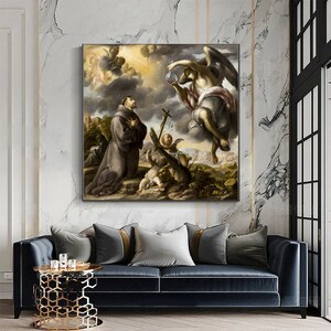 May include: A painting depicting a religious scene with a man kneeling in prayer, an angel descending from the clouds, and a group of cherubs. The painting is done in a traditional style with rich colors and detailed brushstrokes.