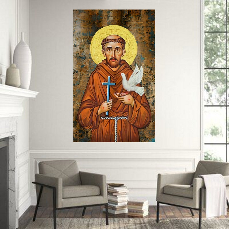 May include: A painting of Saint Francis of Assisi, a Catholic saint, holding a cross and a white dove. The painting is done in a traditional style with a gold background and a halo around the saint's head.