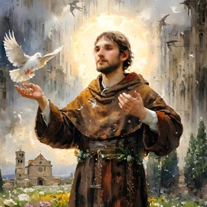 Due cartoline illustrate d'epoca di San Francesco restaurate, arte cattolica stampabile migliorata