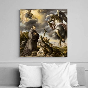 May include: A painting depicting a religious scene with a kneeling figure in a brown robe, an angel with wings, and a cherub holding a cross. The angel is holding a glass vial and is surrounded by clouds. The painting is set against a backdrop of a landscape with trees and a river.