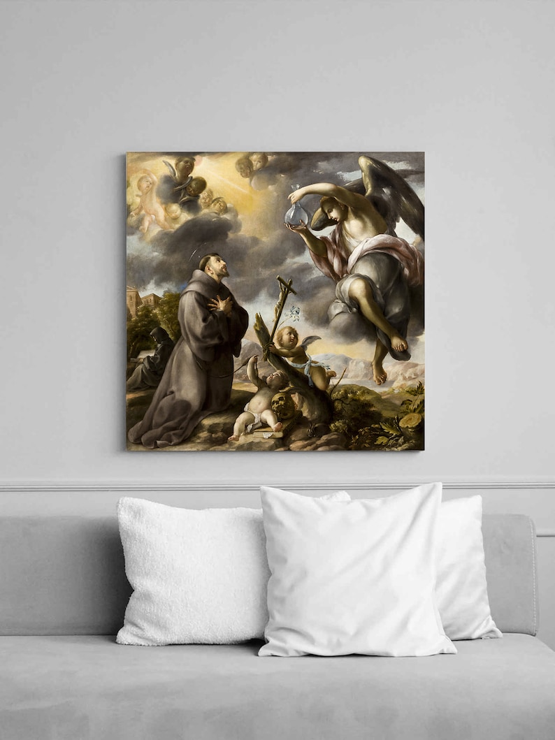 May include: A painting depicting a religious scene with a kneeling figure in a brown robe, an angel with wings, and a cherub holding a cross. The angel is holding a glass vial and is surrounded by clouds. The painting is set against a backdrop of a landscape with trees and a river.