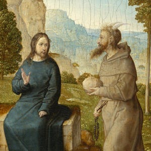 May include: A painting depicting a scene of a man with a halo, possibly Jesus, speaking to a man with horns, possibly the devil, in a landscape setting.