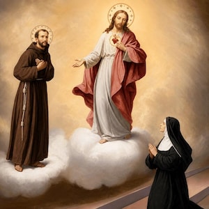 May include: A religious oil painting depicting a central figure of Jesus in a white robe and red mantle with a Sacred Heart, standing on clouds. To the left, a figure in a brown habit stands, and to the right, a figure in a black habit kneels.