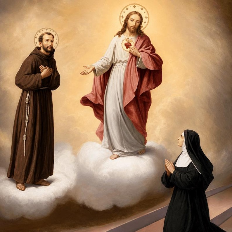 May include: A religious oil painting depicting a central figure of Jesus in a white robe and red mantle with a Sacred Heart, standing on clouds. To the left, a figure in a brown habit stands, and to the right, a figure in a black habit kneels.