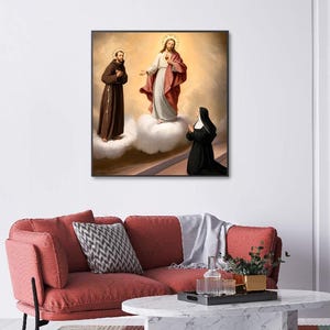 May include: A framed wall art print depicting a religious scene with a central figure in white and red robes standing on clouds, flanked by a figure in a brown habit on the left and a kneeling figure in a black habit on the right, all with halos.