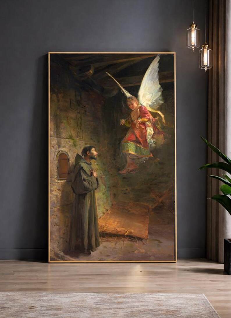 Saint Francis Vision of Angel Painting, Catholic Wall Art (Digital Restored Image) image 3