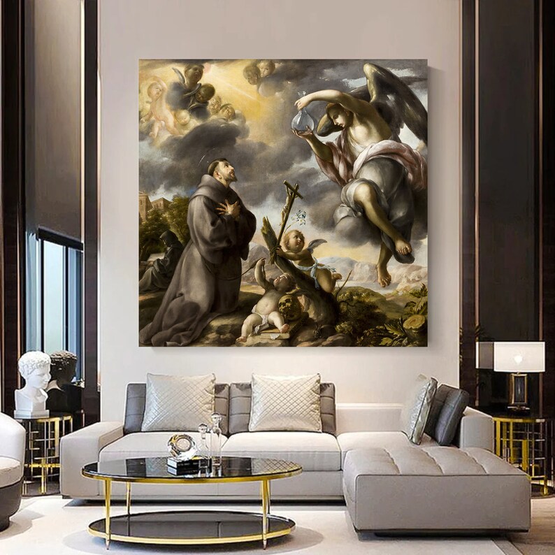 May include: A painting depicting a scene from a religious story. A kneeling figure in a brown robe is looking up at an angel with outstretched wings. The angel is holding a vial in one hand and is surrounded by clouds. The scene is set in a landscape with trees and hills.