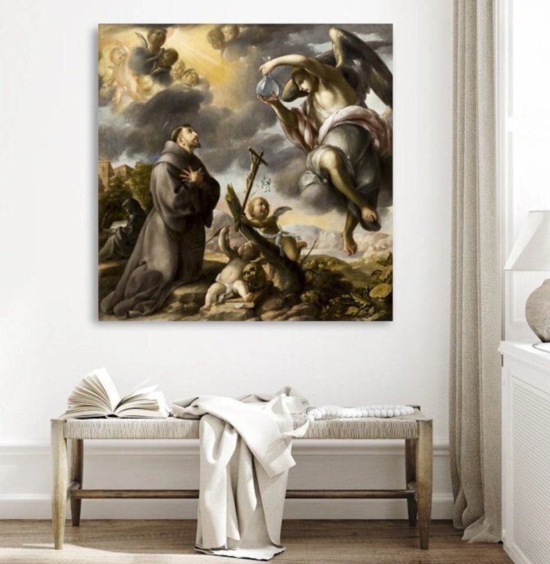 May include: A painting depicting a kneeling man in a brown robe receiving a vial from an angel in the clouds. Two cherubs are in the foreground, one holding a cross.