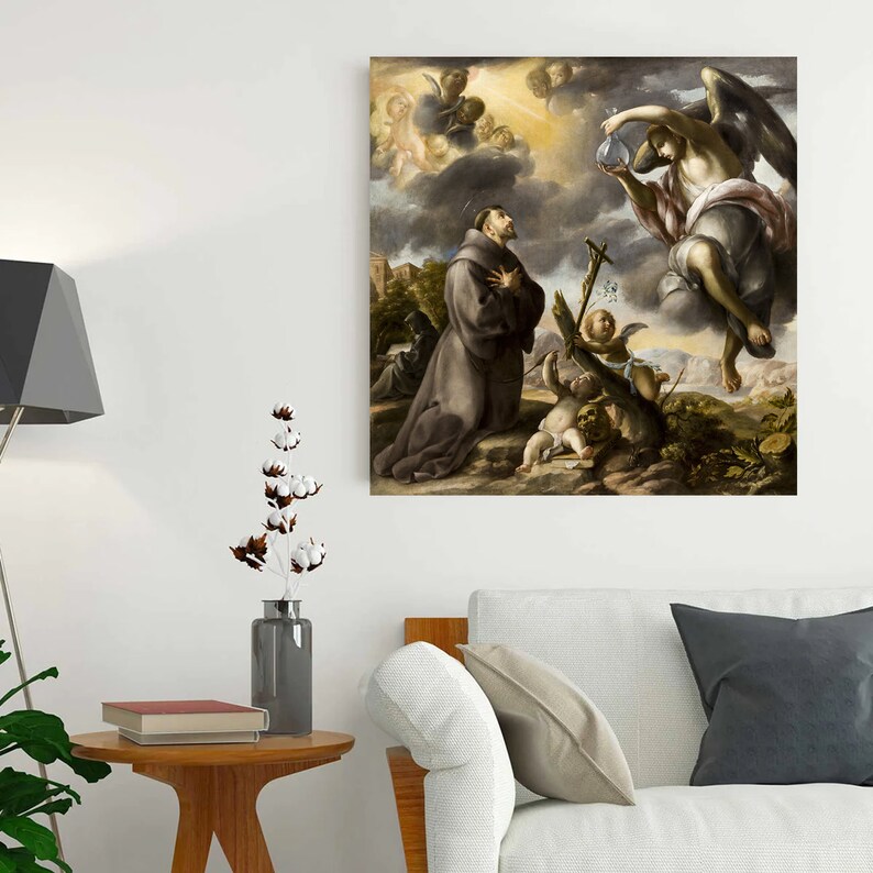 May include: A painting depicting a kneeling man in a brown robe, praying to a winged angel holding a vial. The angel is surrounded by clouds and cherubs. The scene is set against a backdrop of a landscape with hills and trees.