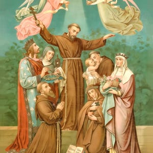 May include: A religious painting depicting several figures in robes, including angels, saints, and a central figure with arms outstretched. The artwork features a dove, a banner with Latin text, and various symbolic objects. The color palette includes browns, pinks, and greens.