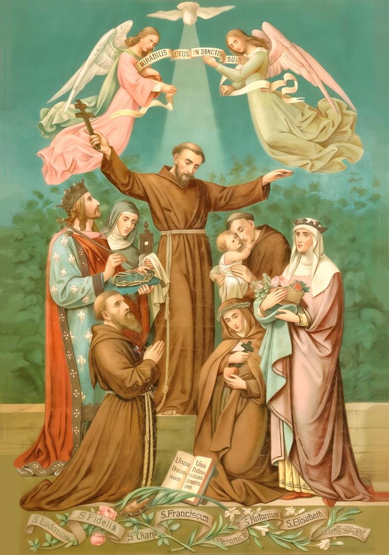 May include: A religious painting depicting several figures in robes, including angels, saints, and a central figure with arms outstretched. The artwork features a dove, a banner with Latin text, and various symbolic objects. The color palette includes browns, pinks, and greens.