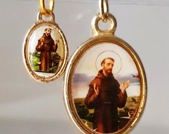 Heiliger Franz Klara von Assisi Oval Medaille | Goldfarbener katholischer Anhänger, Retro Devotionalie
