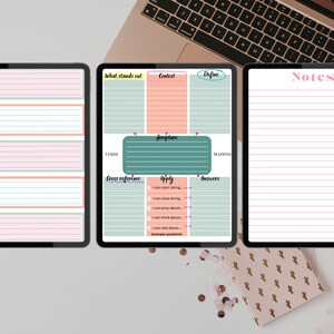 May include: Three digital notepads with pink and green accents. The first notepad has the word "NOTES" at the bottom. The second notepad has the words "What stands out", "Context", "Define", "Verse", "Scripture", "Cross reference", "Apply", "Mapping", and "Answers". The third notepad has the word "Notes" at the top.