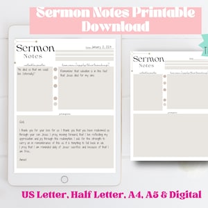 May include: Two printable sermon note templates in a light brown color scheme. The templates have sections for "Notable Points", "How can I apply this teaching?", "God", and "Prayer". The text "Sermon Notes" is at the top of each template. The text "2 Templates" is in a pink starburst shape in the top right corner of the image.