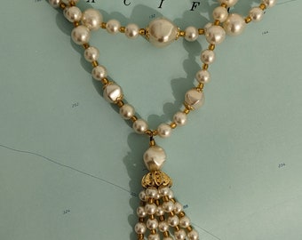 Double strand pearl necklace with pearl cluster tassel lariet pendant