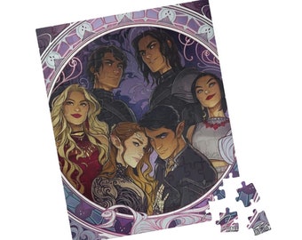May include: A colorful illustration of six characters in a circular frame. The characters are surrounded by a decorative floral pattern. The characters are all wearing different outfits and have different hairstyles. The illustration is set against a white background.