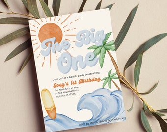 Editable The Big one First Birthday Party Invitation Boy Girl Retro Sand Beach Surf Party Invite 1st Download