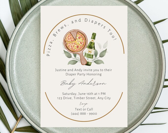 Pizza Brews and Diapers Too Diaper Party Digital Download Editable