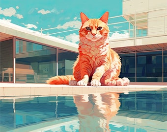 Pool Cat Print- Orange Cat- Cat Painting - Cat Art