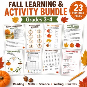 May include: A fall learning and activity bundle for grades 3-4 featuring 23 printable pages. The collection includes worksheets on reading comprehension, multiplication, division, fractions, pumpkin life cycles, weather graphs, word searches, and an answer key.