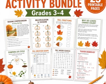 May include: A fall learning and activity bundle for grades 3-4 featuring 23 printable pages. The collection includes worksheets on reading comprehension, multiplication, division, fractions, pumpkin life cycles, weather graphs, word searches, and an answer key.