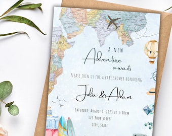 Adventure Awaits Invitation, A New Adventure Awaits Baby Shower Invitation Template, Travel Baby Shower Invite, New Journey Baby Shower