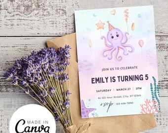 Octopus Birthday Invitation, Under The Sea Birthday Invitation, Ocean Octopus Girl Birthday Invitation Template