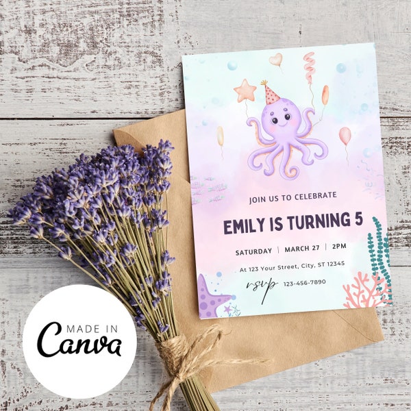 Octopus Birthday Invitation, Under The Sea Birthday Invitation, Ocean Octopus Girl Birthday Invitation Template