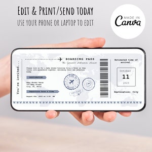 May include: A digital boarding pass invitation for a baby shower. The invitation is styled like an airline boarding pass with a world map background. The text on the invitation reads "Boarding Pass, The Greatest Adventure Awaits". The invitation includes the date, time, and location of the baby shower. The invitation also includes the estimated time of arrival, which is October 11, 2023.