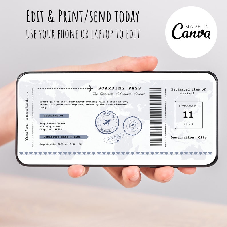 May include: A digital boarding pass invitation for a baby shower. The invitation is styled like an airline boarding pass with a world map background. The text on the invitation reads "Boarding Pass, The Greatest Adventure Awaits". The invitation includes the date, time, and location of the baby shower. The invitation also includes the estimated time of arrival, which is October 11, 2023.