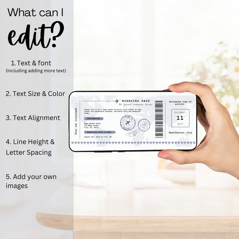 May include: A blue and white printable baby shower invitation in the shape of a boarding pass. The text reads "Boarding Pass - The Greatest Adventure Awaits". The estimated time of arrival is October 11, 2023. The destination is City.