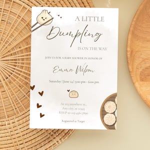 Kleine knoedel onderweg babyshower uitnodiging, genderneutraal bao dim sum thema, leuk knoedelfeest, kleine knoedel babyshower uitnodigen
