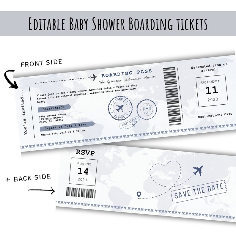 May include: A blue and white printable baby shower invitation in the shape of a boarding pass. The invitation features a world map background, a plane, and the text "Boarding Pass" and "Save the Date".