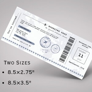 May include: A white and gray boarding pass invitation for a baby shower. The invitation features a world map with a plane, a stamp that says "Time to Travel", and a stamp that says "First Class". The text on the invitation reads "You're invited... The Greatest Adventure Awaits... Destination: Baby Shower Venue... Departure Date & Time: August 6th, 2023 at 3:00 PM... Estimated time of arrival: October 11, 2023... Destination: City... Two Sizes: 8.5x2.75" and 8.5x3.5"