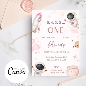 First Trip Around the Sun Invitation Girl, Pink Space Birthday Party Invite, Space Birthday Girl Party, Astronaut Invite, Instant Download