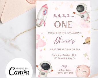 First Trip Around the Sun Invitation Girl, Pink Space Birthday Party Invite, Space Birthday Girl Party, Astronaut Invite, Instant Download