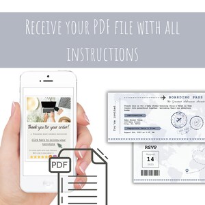 May include: A digital mockup of a smartphone displaying a thank you message for an order of a baby shower invitation. The invitation is a boarding pass themed design with a world map background and the text "The Greatest Adventure Awaits".