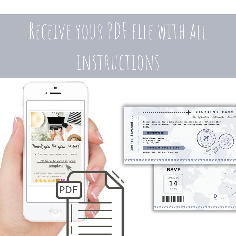 May include: A digital mockup of a smartphone displaying a thank you message for an order of a baby shower invitation. The invitation is a boarding pass themed design with a world map background and the text "The Greatest Adventure Awaits".