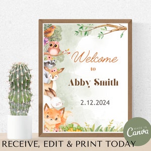 Cartello di benvenuto per baby shower nel bosco, baby shower nel bosco nel verde, cartello da tavolo per baby shower nella foresta stampabile, modello animali della foresta