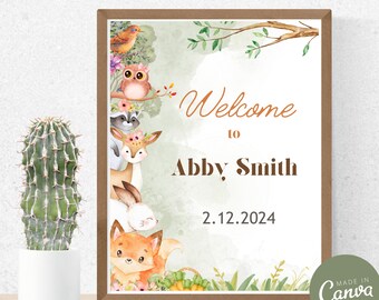 Signo de bienvenida del baby shower del bosque, baby shower del bosque verde, letrero de la mesa del baby shower del bosque imprimible, plantilla de animales del bosque