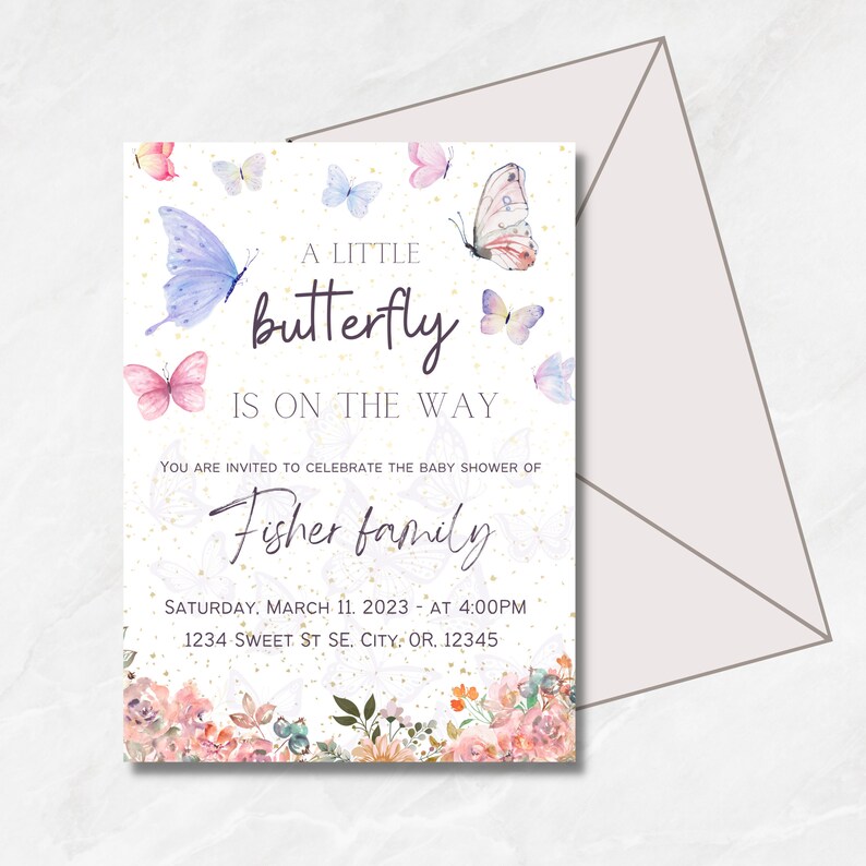 Butterfly Baby Shower Invitation, Editable Purple Gold Pink Butterfly