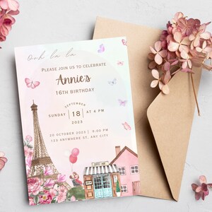 Paris Personalized Invitation, Editable Paris 16th Birthday Invitation Template, Paris Birthday Party For Girls, Café Tea Party Girl Invite