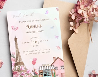 Paris personalisierte Einladung, bearbeitbare Paris Einladungsvorlage zum 16. Geburtstag, Paris Geburtstagsfeier für Mädchen, Café Tea Party Girl einladen