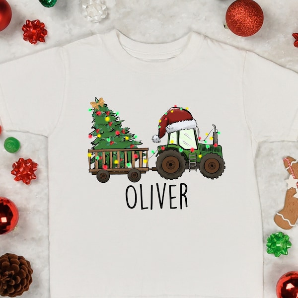 Personalized Christmas Tractor Shirt, Custom Name Boy Girl Christmas Tee, Custom Tractor Christmas Onesie®, Kids Boy Christmas Tree T Shirt