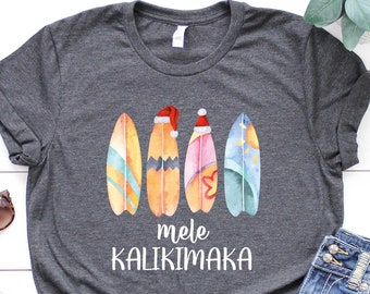 Mele Kalikimaka, Beach Christmas Shirt, Hawaiian Christmas, Watercolor Surfboard Christmas T-Shirt,Coastal Christmas TShirt,Hawaii Xmas Gift