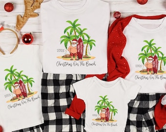Christmas On The Beach Shirt 2026, Tropical Christmas Shirt, Hawaii Family Matching Tee, Palm Tree Santa Shirt, Holiday Beach Gift
