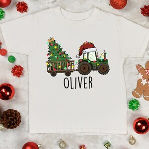 Christmas Tractor Shirt with Name, Custom Name Boy Girl Christmas Tee, Personalized Tractor Christmas Romper, Kids Boy Christmas Tree Tshirt