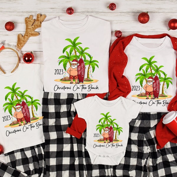 Christmas On The Beach Shirt 2024 Tropical Christmas Shirts Hawaii Christmas Family Matching Tee Christmas Palm Tree Santa Xmas Holiday Gift